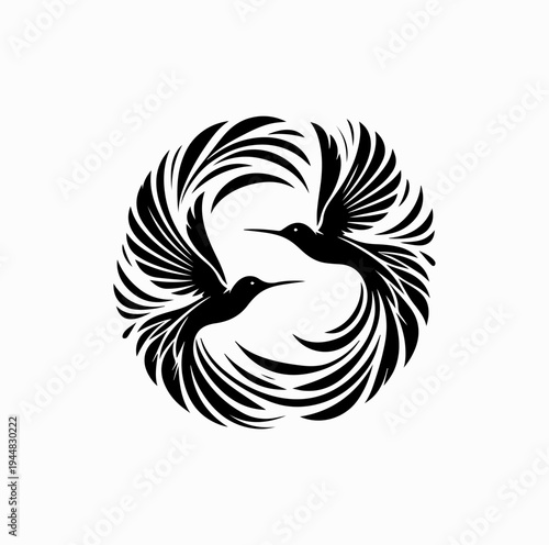 Two Hummingbirds Flying Circular Silhouette Elegant Bird Nature Design