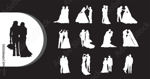 A collection of white and black wedding couple silhouettes on a dark background
