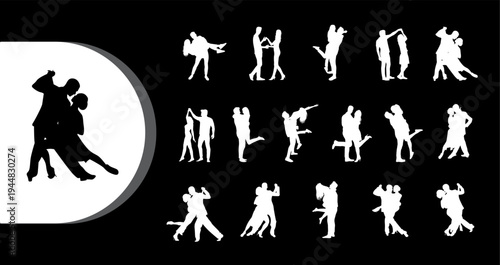 A collection of white silhouettes of people dancing and fighting on a black background