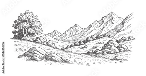 Hand drawn of a mountain valley with a tree and rocks grass