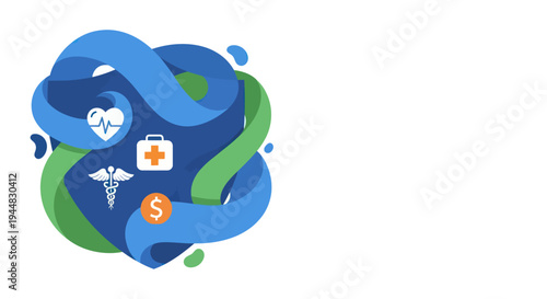 A vibrant illustration of intertwined blue and green ribbons with health and financial icons, representing healthcare services and medical insurance concepts.
