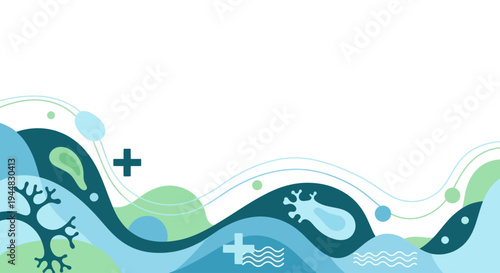 Abstract illustration of microscopic organisms and biological structures flowing through waves of blue and green.