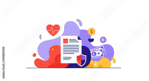 Illustration of health insurance policy with medical symbol, shield, and money, representing financial protection for healthcare.