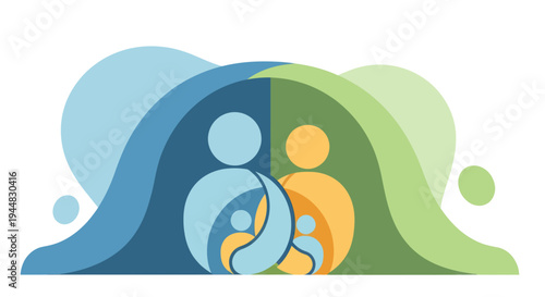 Abstract illustration of a family unit under a protective, colorful canopy, symbolizing unity and care.