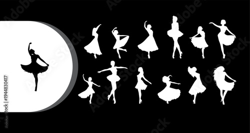 A collection of elegant ballerina silhouettes in various dance poses against a black background