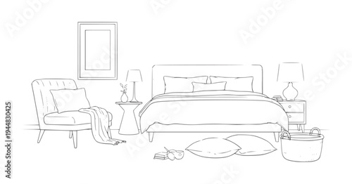 Line of a bedroom with a bed armchair and nightstand lamp