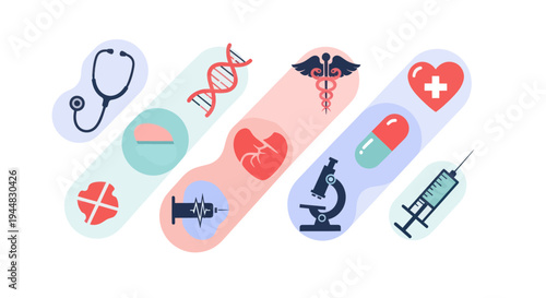 A vibrant collection of medical and scientific icons arranged in a dynamic, diagonal composition, illustrating various aspects of healthcare and research.