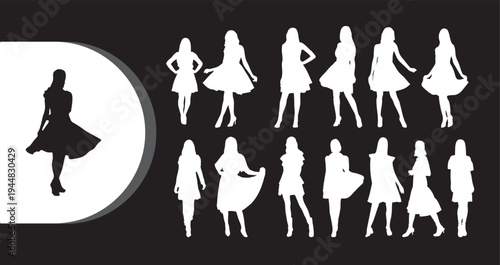A collection of white and black silhouettes of women in various poses on a dark background