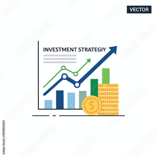 Graphic displays rising bars, lines, and coins, signifying investment strategy