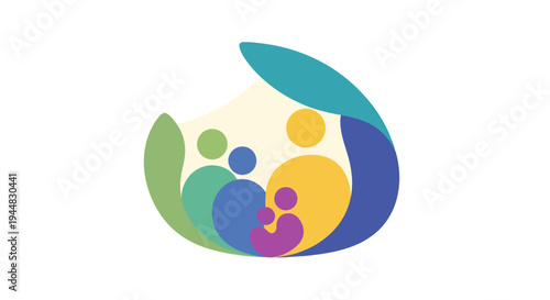 Abstract colorful logo representing a family or community with diverse individuals embracing each other within a protective, nurturing shape.