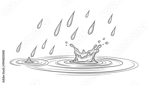 Raindrops falling and splashing into water creating ripples and waves