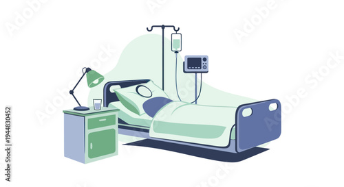 Empty hospital bed with medical equipment, IV drip, and monitor, symbolizing healthcare, recovery, and patient care in a clinical setting.