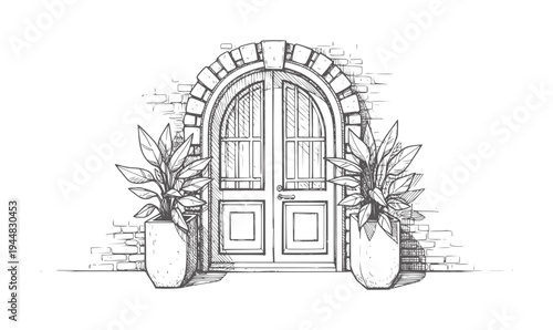Of arched doorway with potted plants and brick wall