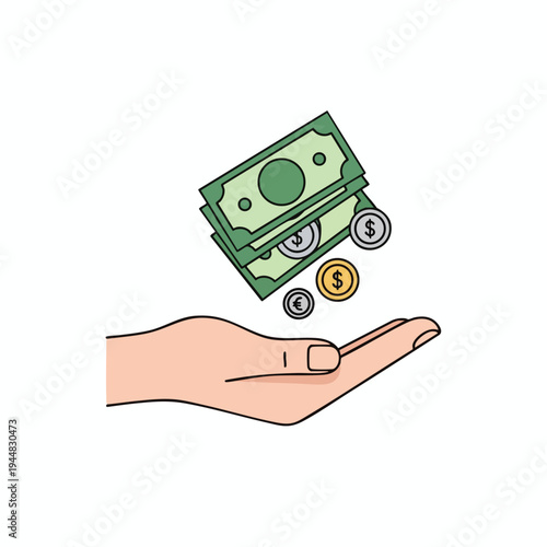 Hand receiving money and coins, representing financial transactions and giving