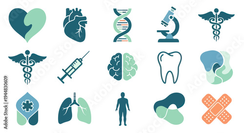 A collection of medical and healthcare-related icons, including a heart, DNA, microscope, caduceus, syringe, brain, tooth, lungs, and human body silhouette.