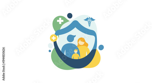 Illustration of a family protected under a healthcare shield, symbolizing health insurance and medical coverage.