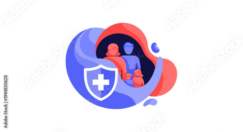 Abstract illustration of a family protected by a shield with a cross, symbolizing health insurance and security.