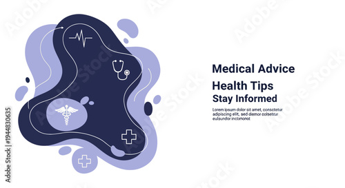 Abstract medical illustration with health symbols and informative text for health advice and staying informed.