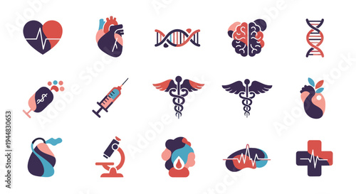 Collection of medical and healthcare icons representing various aspects of science and medicine, including the heart, brain, DNA, and medical tools.