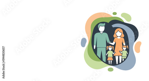 A stylized illustration depicts a family of four, including parents and two young daughters, within an abstract, organic shape.