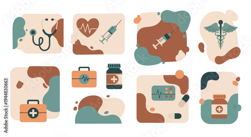 A collection of medical-themed icons featuring a stethoscope, heart monitor, syringe, first aid kits, and medicine bottles, presented in a modern, abstract style.