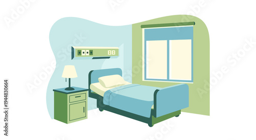 A clean and sterile hospital room with a bed, nightstand, and window, ready for a patient.