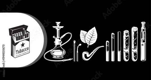 A black and white illustration of various smoking devices and tobacco products