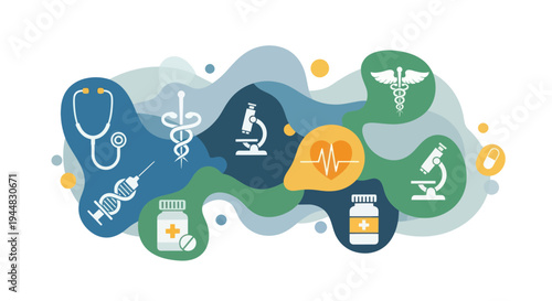 A vibrant abstract illustration showcasing various medical and healthcare symbols and concepts on a fluid, organic background.