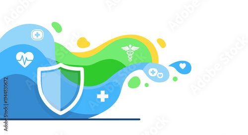 A stylized graphic representing health insurance and medical protection with a shield and various health symbols.