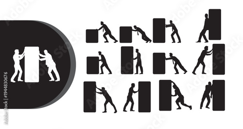 A graphic illustration of teamwork and collaboration with silhouettes of people working together to move blocks