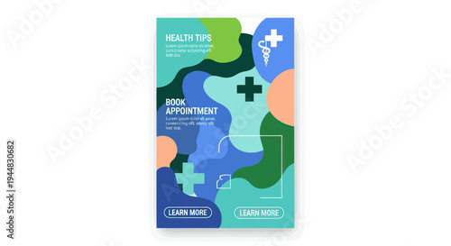 Abstract medical poster with health tips and appointment booking information, featuring fluid shapes and cross symbols.