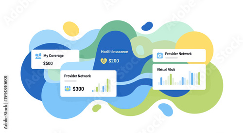 A vibrant digital illustration depicting health insurance and medical service management with cards showing coverage, provider networks, and virtual visits on an abstract background.