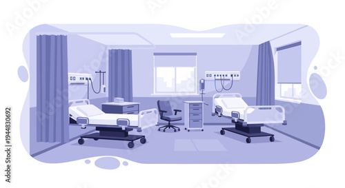 A sterile hospital room with two beds, medical equipment, and a window overlooking a cityscape.