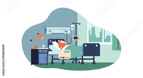 Illustration of a patient in a hospital bed with medical equipment, showcasing a healthcare setting.