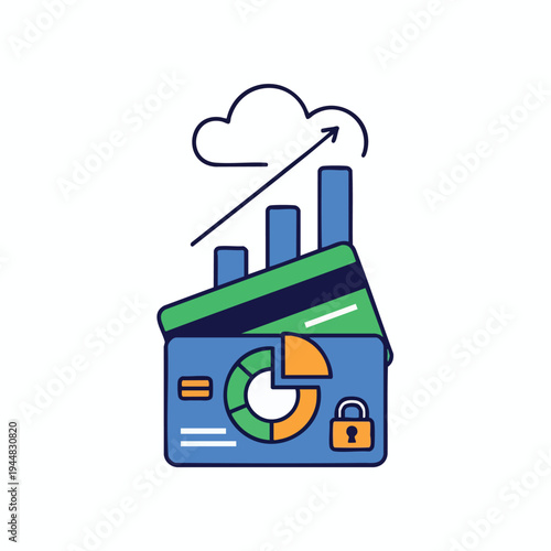 Stylized graphic of credit cards forming a factory with growth chart and cloud