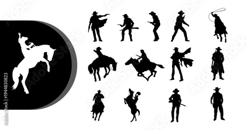 A collection of cowboy silhouettes in various poses on a white background