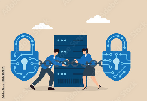 Flat illustration of two people locking digital padlocks with circuit chains around server for encrypted cybersecurity protection