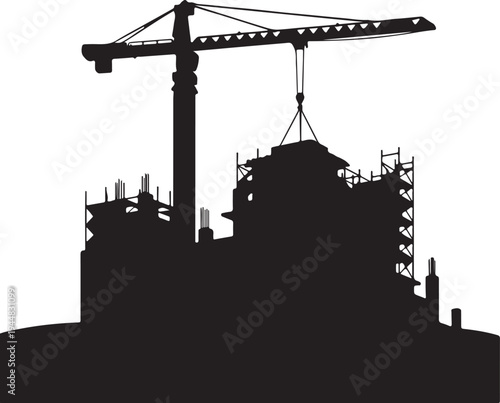 Construction Crane Silhouette in Industrial Yard Deserted Remains