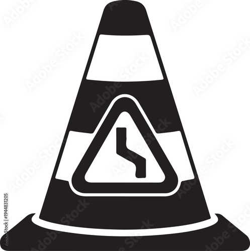 Isolated Roadwork Cone with Warning Sign