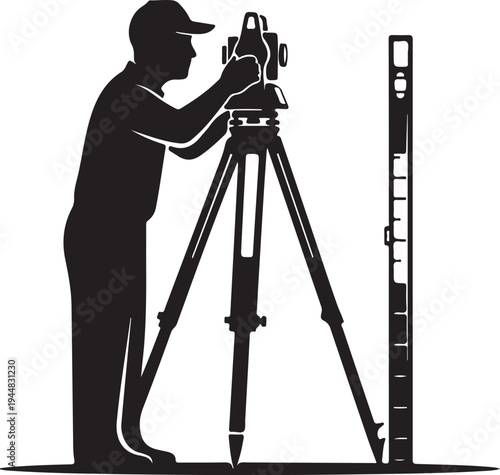 Man with Tripod and Level Surveying a Site