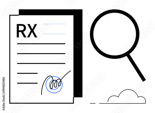 Medical prescription document featuring a handwritten signature next to an oversized magnifying glass, suggesting verification or detailed analysis. Ideal for healthcare, compliance, documentation