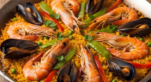 Delicious Seafood Paella Dish with Shrimp and Mussels.
