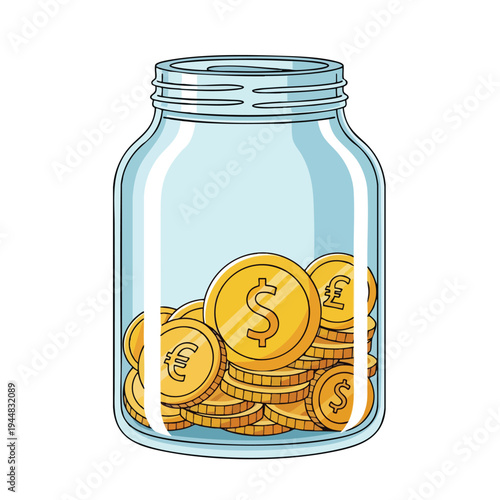 Glass jar filled with stacks of gold coins, some marked with currency symbols