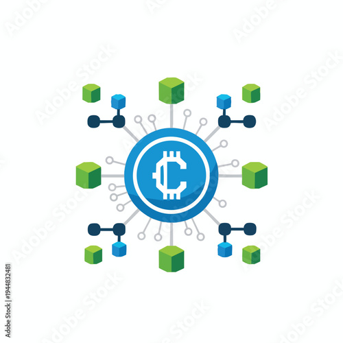 Central digital currency symbol connected to distributed cubes network