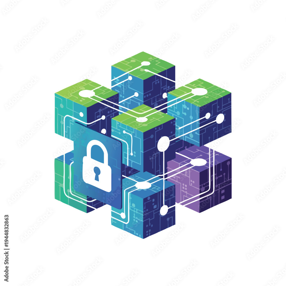 Obraz premium Abstract interconnected blocks with circuit patterns and a lock icon