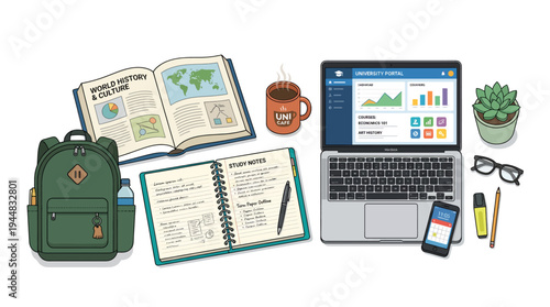 Back to school essentials laid out on a table, including a backpack, books, laptop, coffee mug, and smartphone, symbolizing education and productivity for students