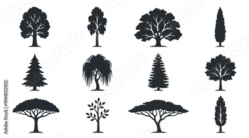 A diverse collection of stylized tree silhouettes, showcasing a variety of shapes and forms for design and illustration purposes