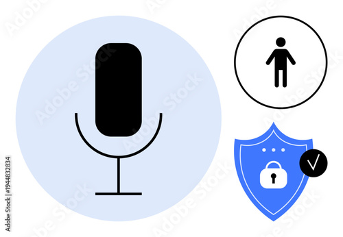 Voice technology concept. Visuals of microphone, user, and security shield reflect voice recognition, user identity, security in voice applications. For AI, privacy, authentication user experience