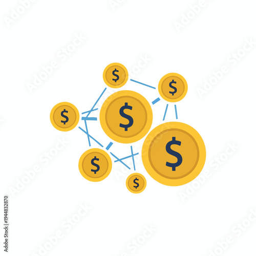 Abstract network of gold coins with dollar signs connected by blue lines