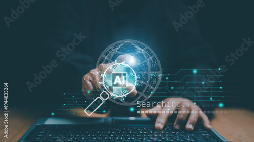 Artificial intelligence search concept. AI chip with digital network and magnifying glass over laptop interface. AI technology, machine learning, smart search engine and global data processing.